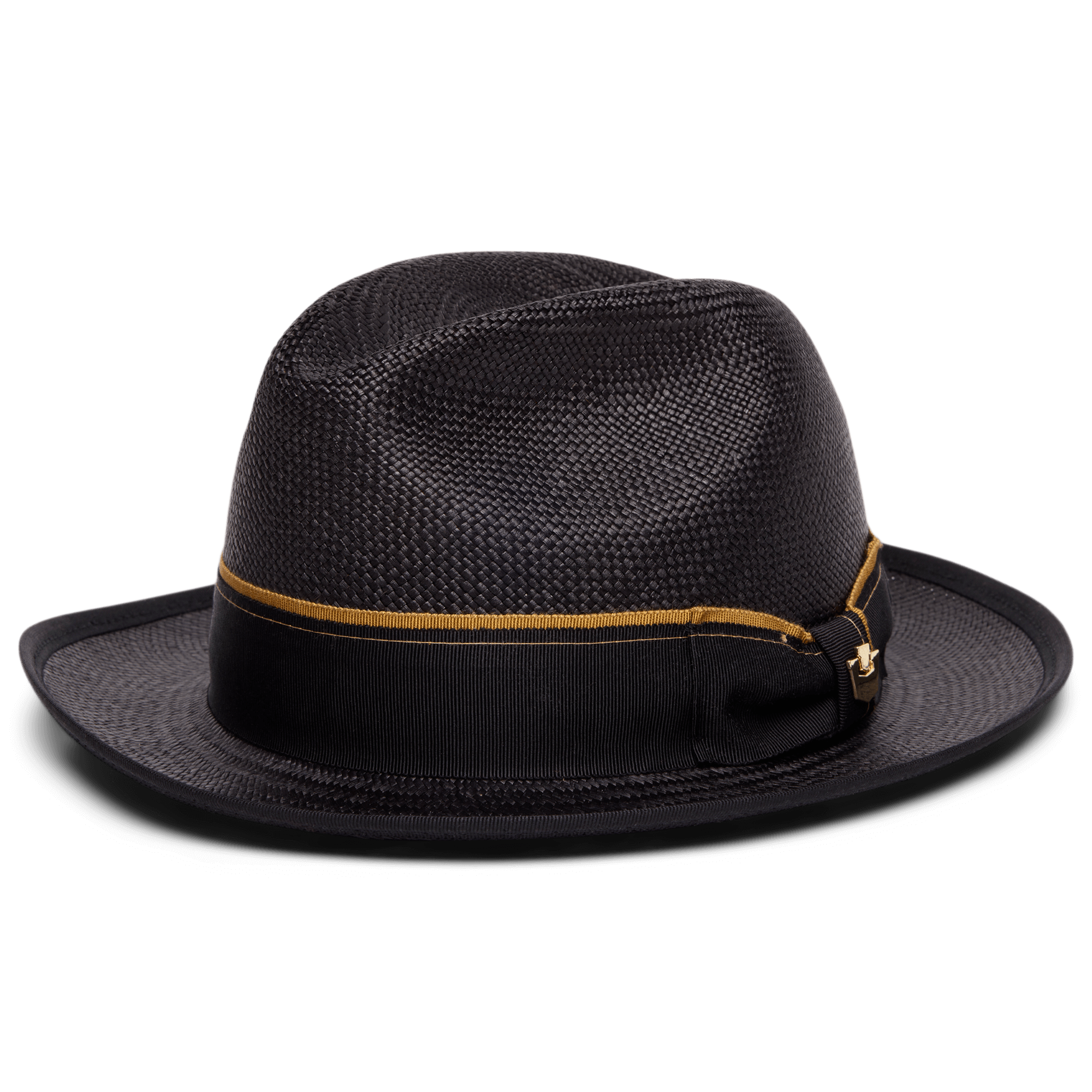 The Hartman by Goorin Bros. is a black fedora hat crafted from 100% toquilla, featuring a gold and black grosgrain band with a small decorative side bow, shown on a white background.