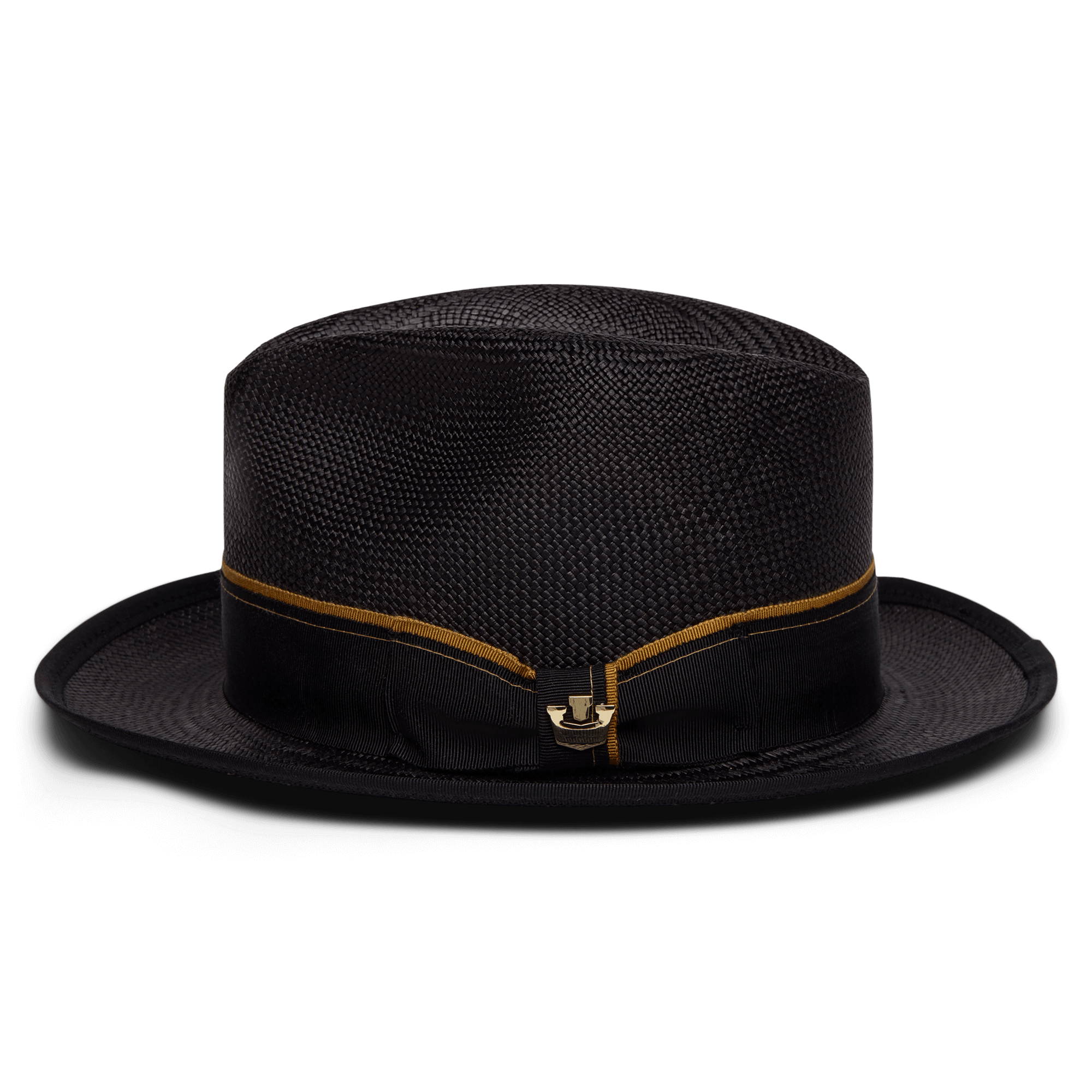 The Goorin Bros. Hartman hat is a black 100% toquilla woven style with a flat crown, slightly rounded brim with contrast edge binding, and a black band detailed with a thin gold stripe and gold clasp at the front.