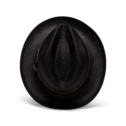 The Hartman by Goorin Bros. is a black wide-brimmed woven hat featuring a sleek grosgrain band and subtle gold accent, shown from above on a plain white background.