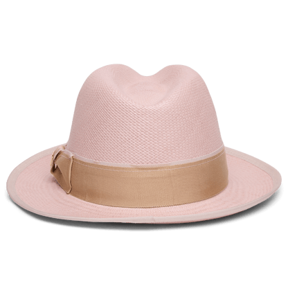 The Hartman by Goorin Bros. is a light pink wide-brim fedora with a beige grosgrain hat band, shown on a white background.