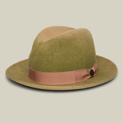Dean the Butcher by Goorin Bros. is a green felt, American-made fedora featuring a wide brim and a light brown grosgrain hatband, pictured against a plain off-white background.