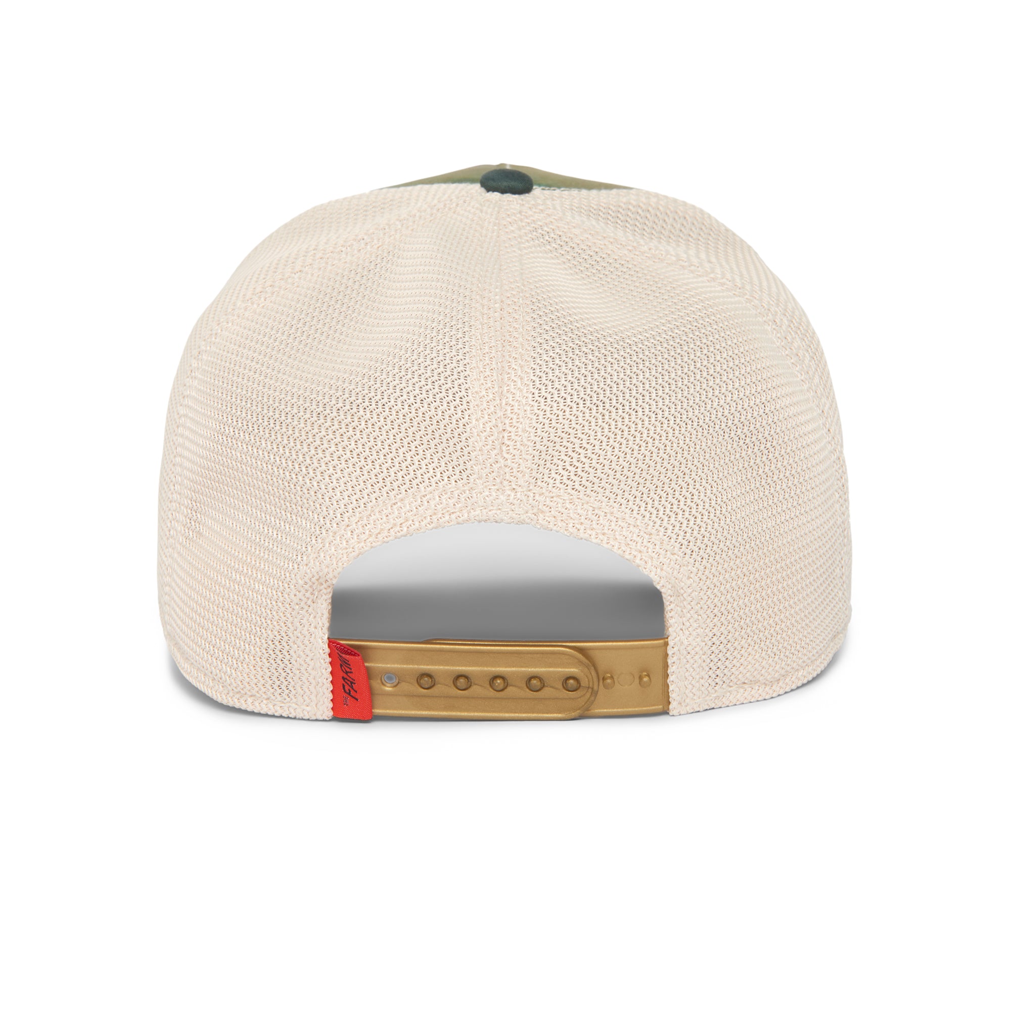 The Farm’s Sicut Mentula beige mesh snapback cap features an adjustable tan plastic strap at the back, a small red tag on the left side, and subtle brim embroidery—effortlessly blending style and comfort.