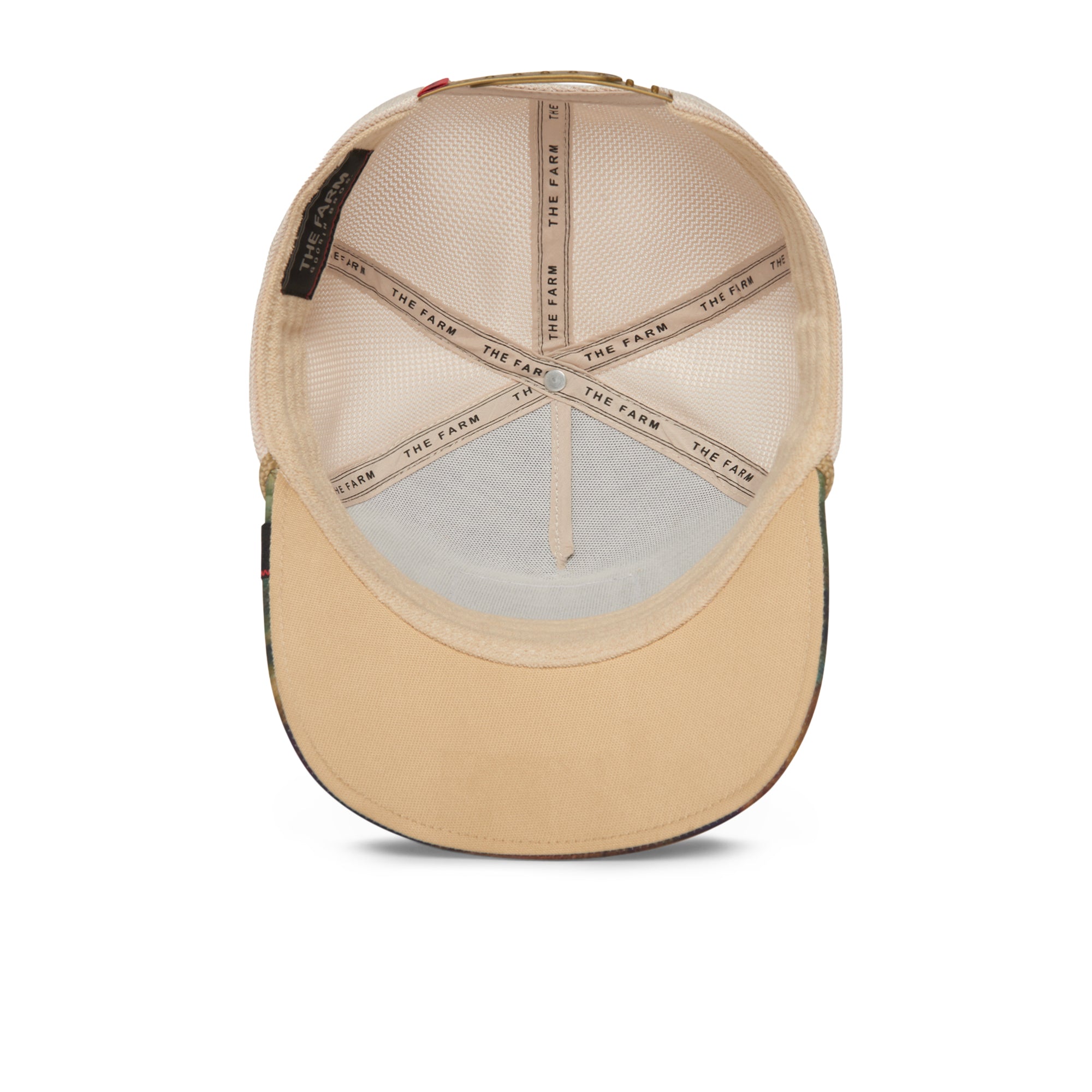 Top-down view of the inside of a beige Sicut Mentula mesh hat, showing mesh lining and interior brand labels reading The Farm.