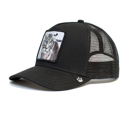 The Earn Your Stripes kid-sized trucker cap by Goorin Bros. features black mesh, a curved brim, and an embroidered tiger patch with "TIGER" on the front. Adjustable fit for ages 4-10.