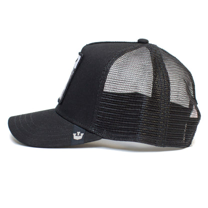 The Goorin Bros. "Earn Your Stripes" kid-sized trucker hat features black mesh, a curved brim, front patch, and adjustable closure—ideal for ages 4-10. Shown in side profile.