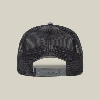 The Boss by The Farm is a black mesh trucker hat with a gray snapback closure and a small black fabric tag on the left side—ideal for your next movie night. Add to cart for effortless style.