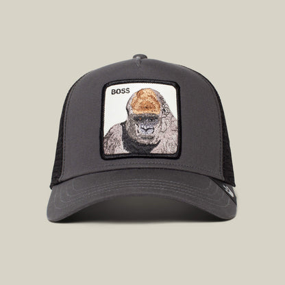 The Farm’s “The Boss” is a black mesh baseball cap with a front patch featuring an embroidered 800-pound gorilla and the word BOSS—an ideal accessory for your next movie theater outing.