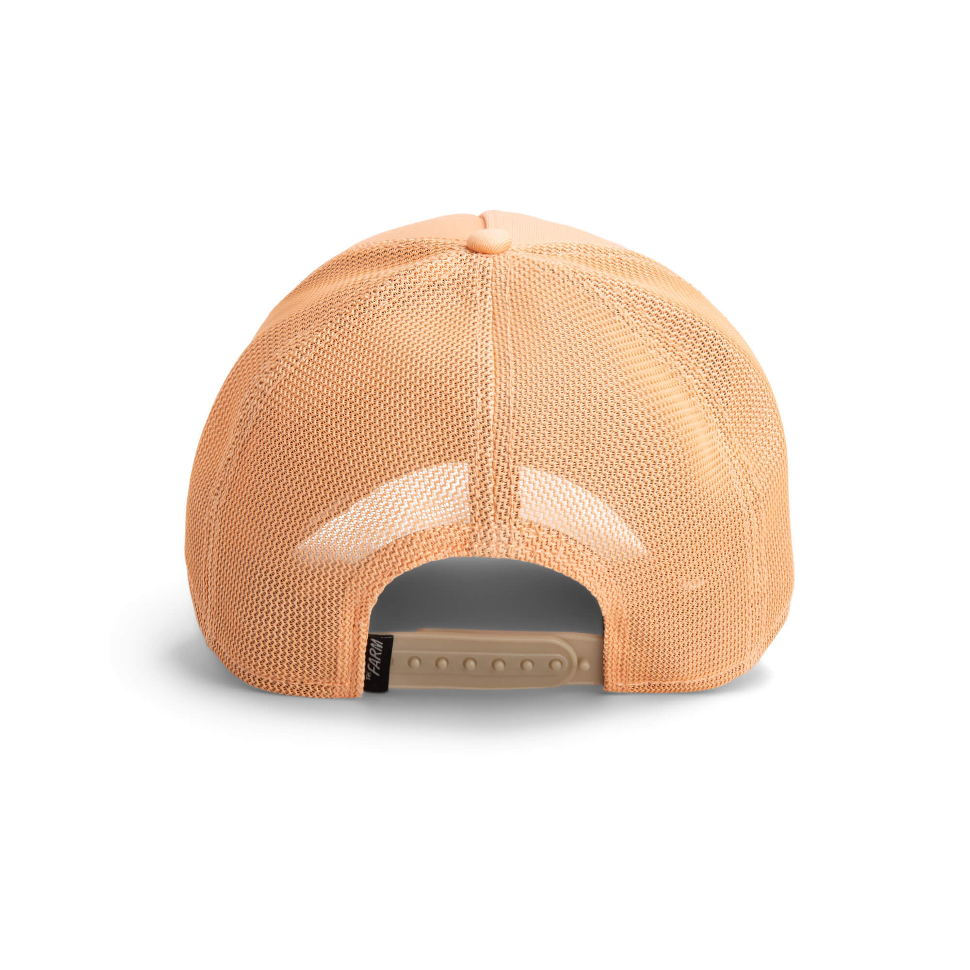 The Farm V2 Pantera peach mesh trucker hat shown from the back, featuring a plastic adjustable snap and a small black tag on the left side. All sales are final.