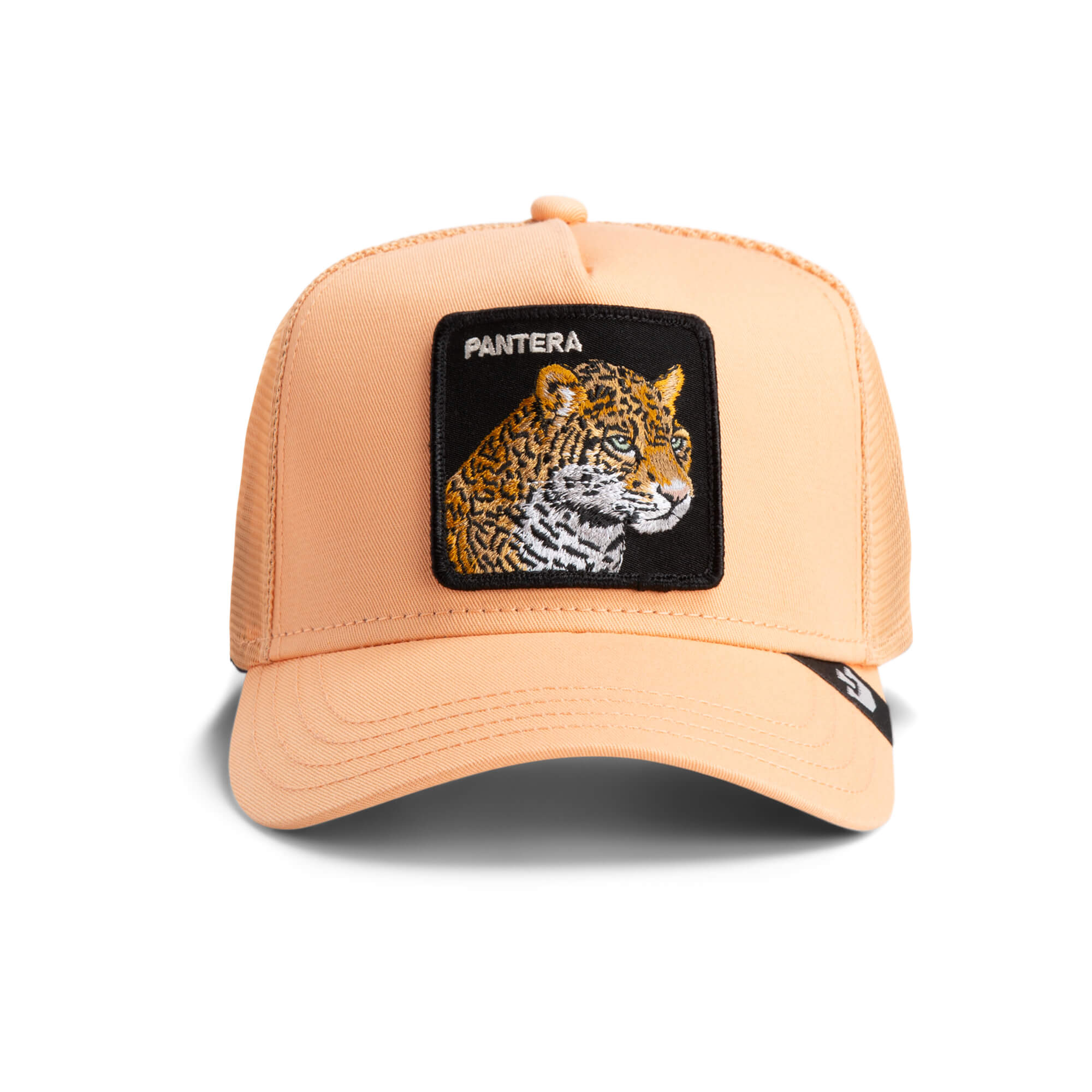 The Farm’s V2 Pantera is a peach-colored trucker hat with a mesh back and a front patch embroidered with a tiger head and “PANTERA.” All sales are final.