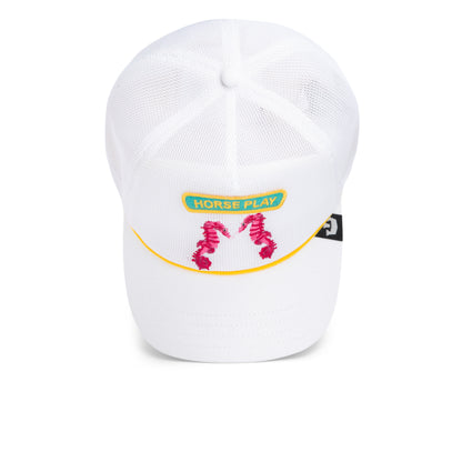The Goorin Bros. Aquapals is a white mesh cap featuring a yellow-edged HORSE PLAY patch and two pink seahorses—an eye-catching hat that's the perfect fun beach or surf accessory.