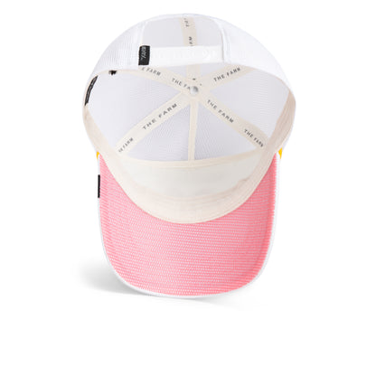A pink and white embroidered mesh hat called Aquapals by Goorin Bros. is viewed from above, highlighting the internal white band labeled THE FARM and mesh panels—an ideal accessory for beach or surf days.