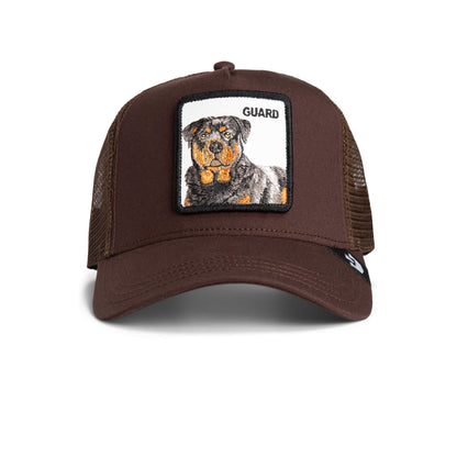 The Farm's "The Guard Dog" brown mesh trucker cap features a front patch with an embroidered Rottweiler and "GUARD." All sales final.