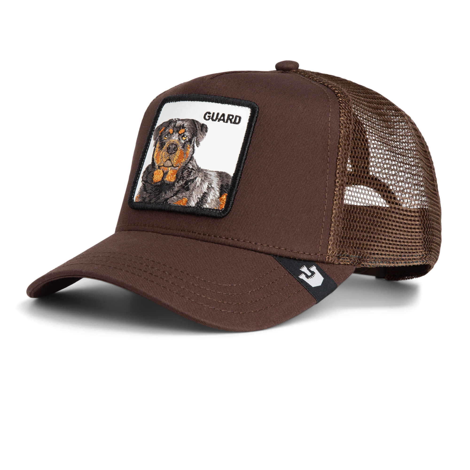 The Farm's "The Guard Dog" brown mesh trucker cap features a front patch with an embroidered Rottweiler and "GUARD." All sales are final.