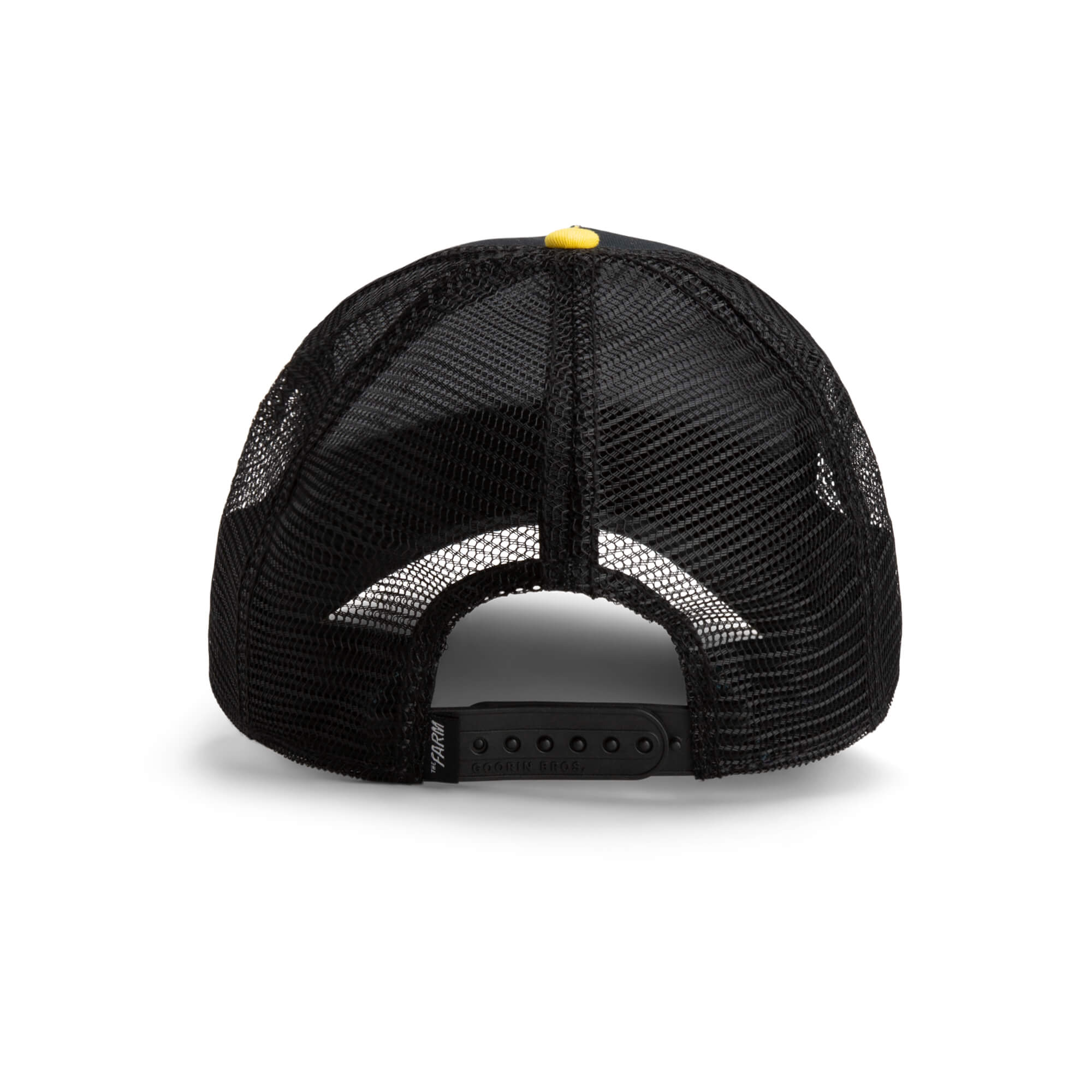 Back view of The Farm’s The Puff Puff Fish black mesh trucker hat with adjustable snapback and a small yellow top button. All sales final.