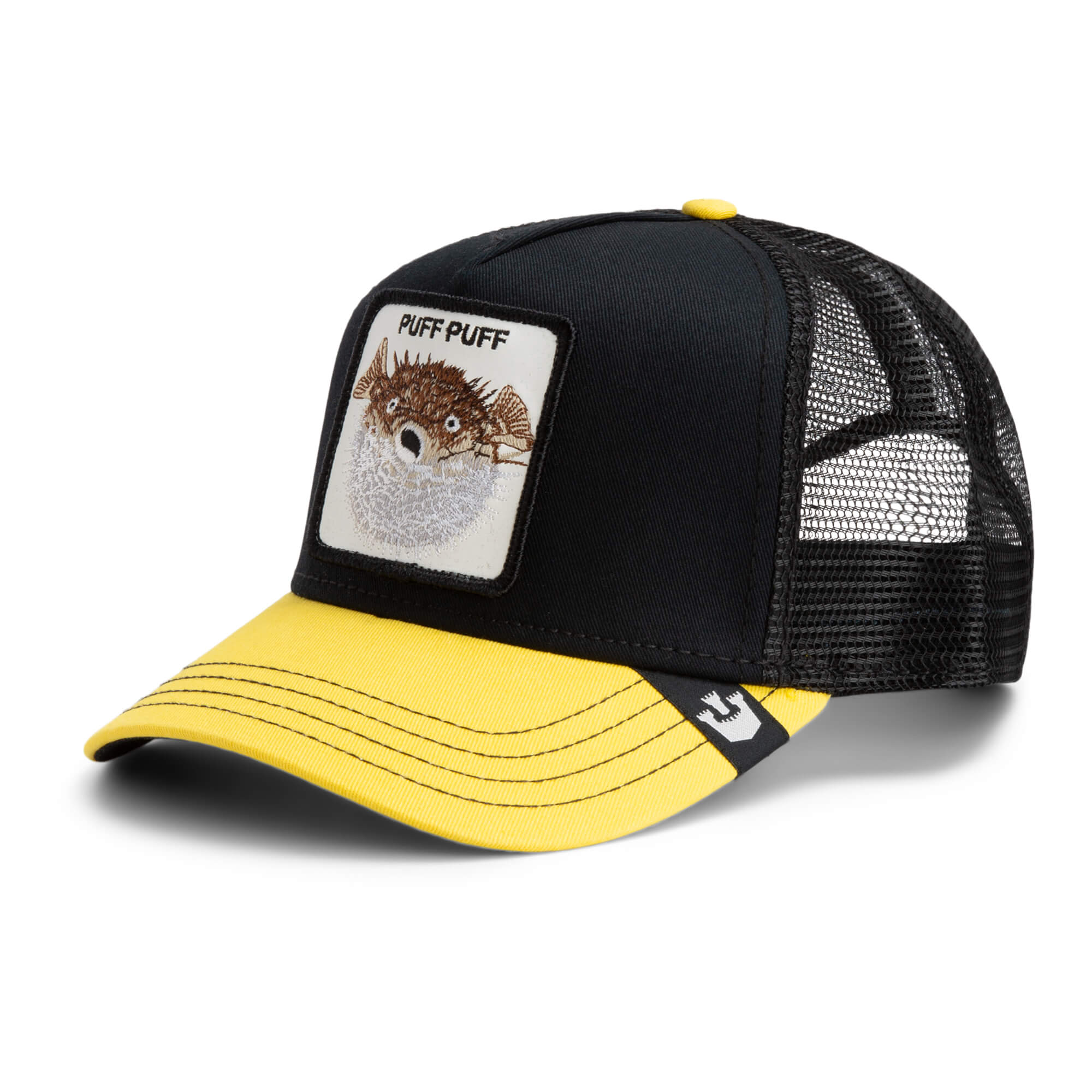 The Farm’s The Puff Puff Fish is a black and yellow trucker hat with a mesh back and a front patch of a pufferfish and “PUFF PUFF.” All sales final.