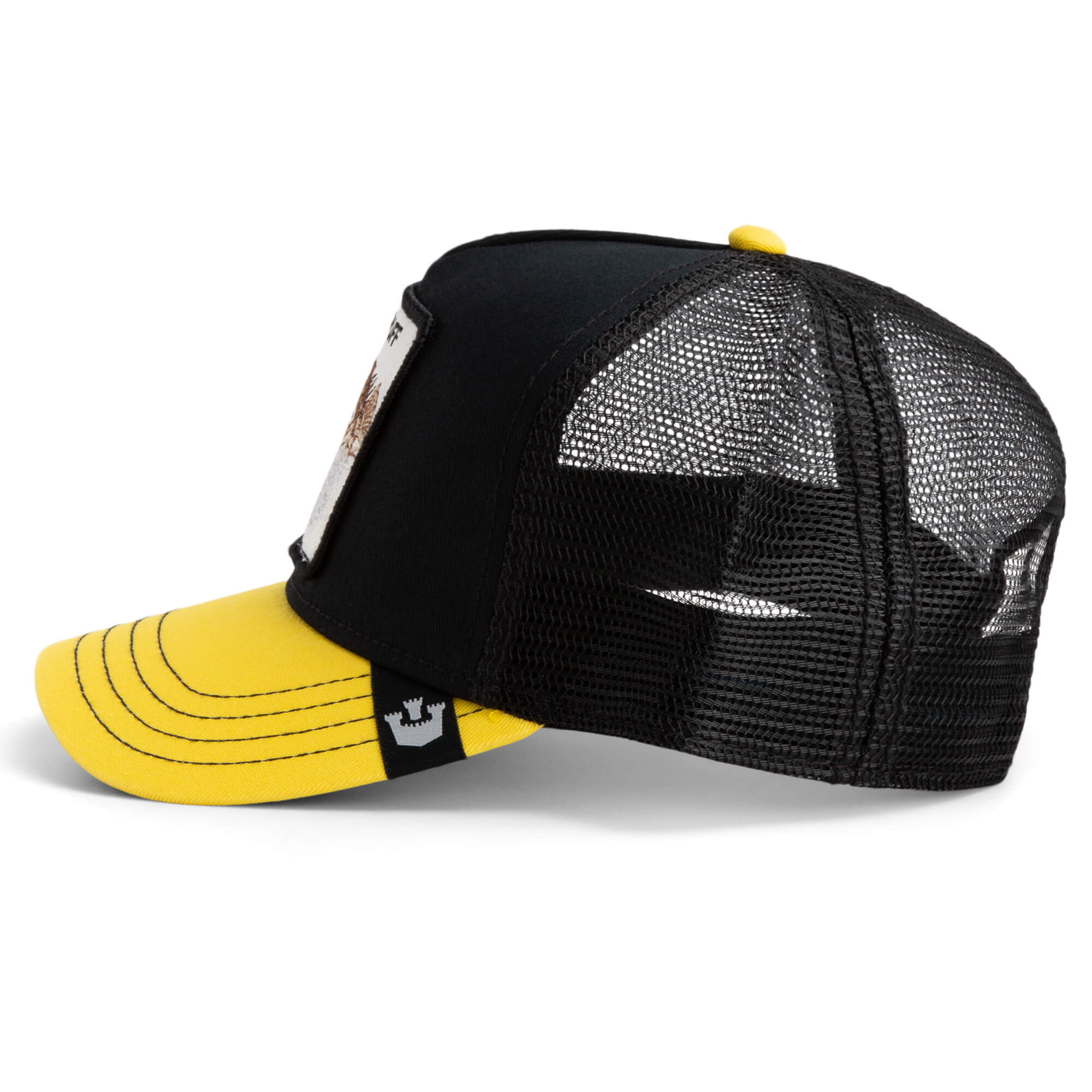 The Puff Puff Fish by The Farm: a black and yellow trucker hat with a mesh back, curved brim, and rectangular patch on the front panel. All sales final.
