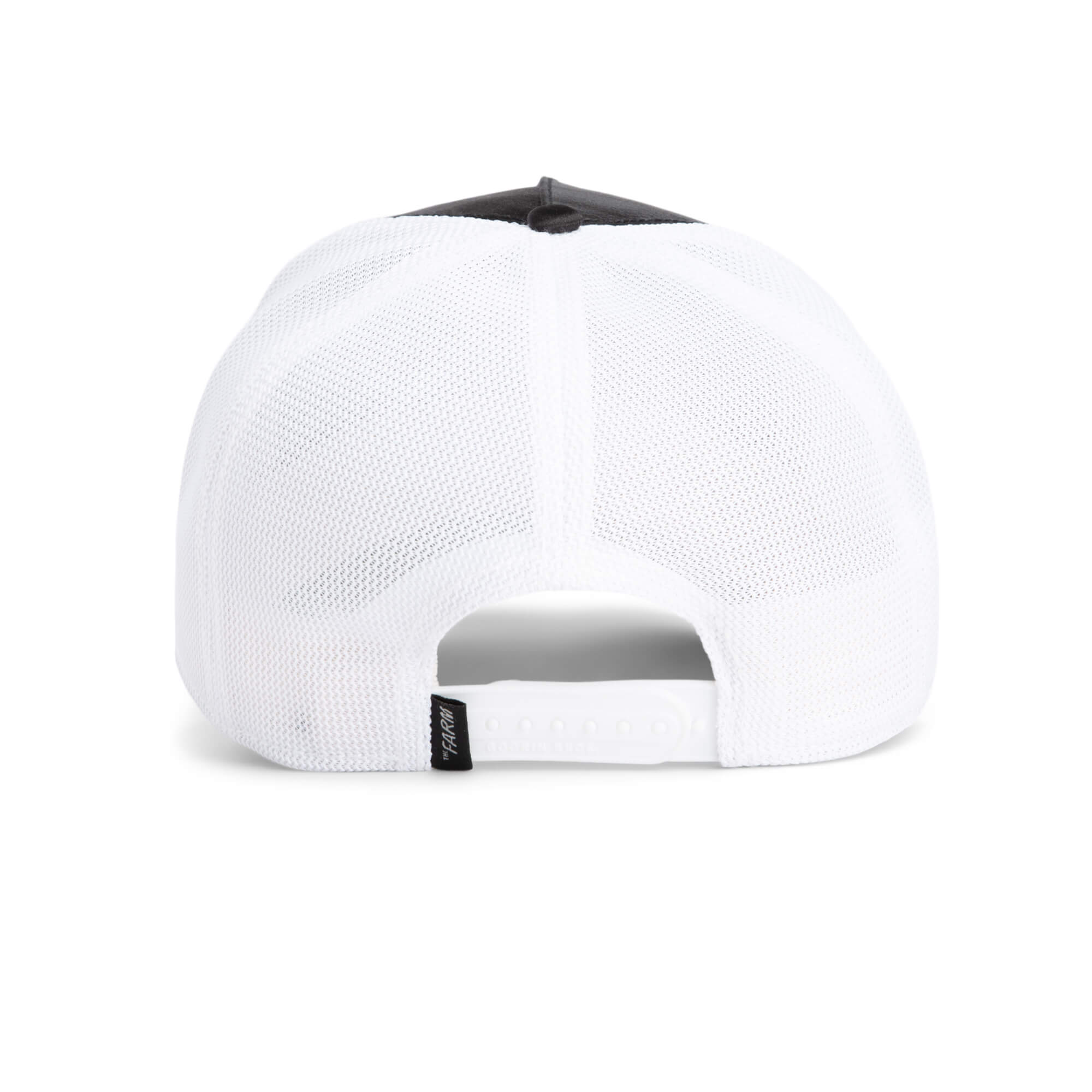 Back view of the Rizzky Bizznizz cap by Goorin Bros., featuring white mesh, an adjustable snapback closure, and a small black tag near the back—an ideal statement cap.