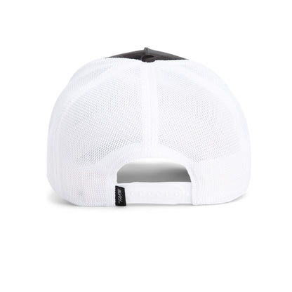 Back view of the Rizzky Bizznizz cap by Goorin Bros., featuring white mesh, an adjustable snapback closure, and a small black tag near the back—an ideal statement cap.