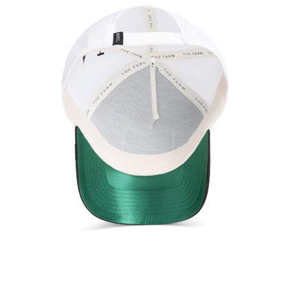 The Goorin Bros. Rizzky Bizznizz is a white mesh trucker hat with a green underside brim and interior tape reading THE FARM—a stylish cap to elevate any outfit.