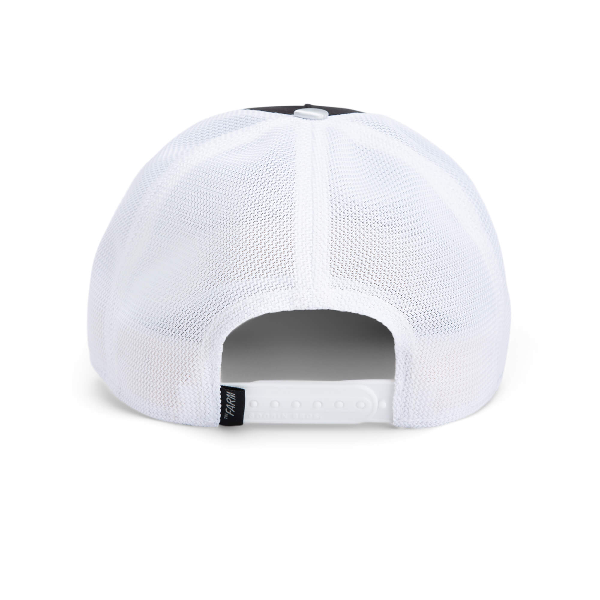 Back view of the Goorin Bros. "Get Blown" white mesh trucker cap with adjustable snapback closure, featuring an embroidered pufferfish patch.