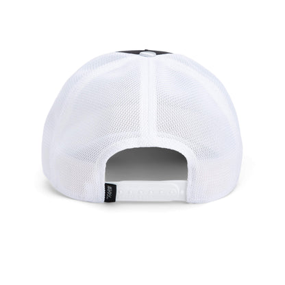 Back view of the Goorin Bros. "Get Blown" white mesh trucker cap with adjustable snapback closure, featuring an embroidered pufferfish patch.