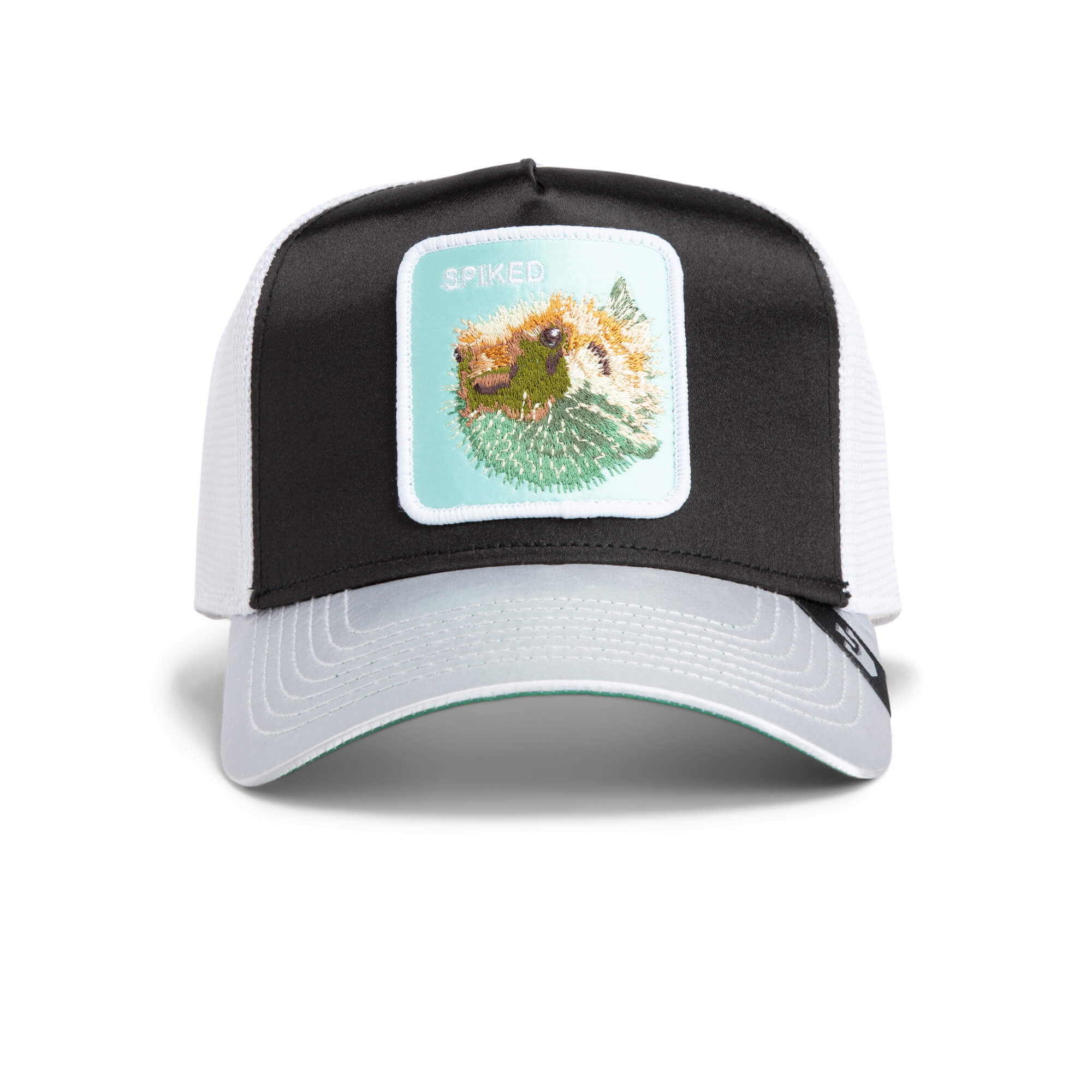 A black mesh trucker hat by Goorin Bros., named "Get Blown," featuring a front patch with an illustrated hedgehog and the word SPIKED.