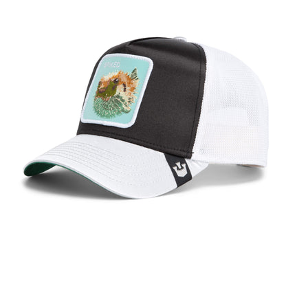 The Get Blown hat by Goorin Bros. is a white mesh trucker cap with a front patch displaying a vibrant fox illustration, combining classic style with playful charm.