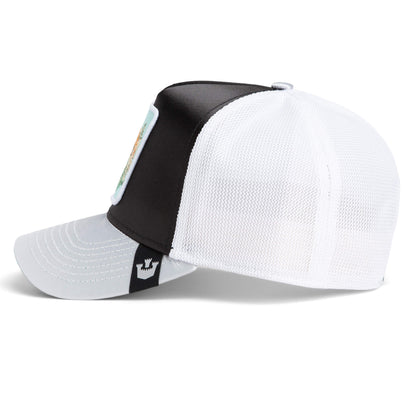 The Goorin Bros. "Get Blown" hat is a black and white mesh cap with a curved brim and an embroidered pufferfish patch on the front panel, displayed from a side angle.