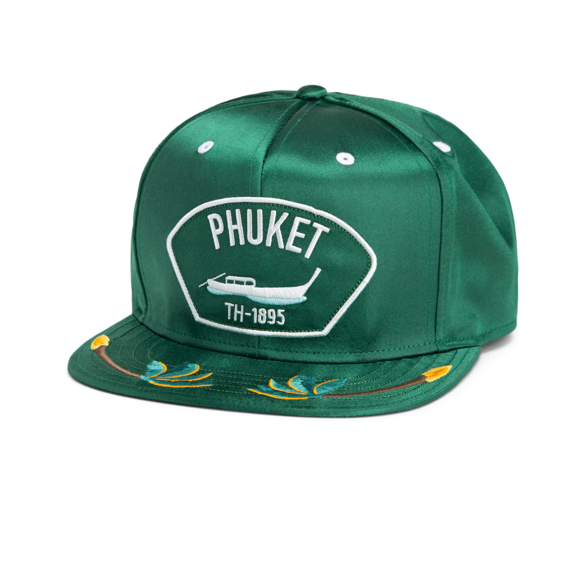 The Yolo snapback cap by Goorin Bros. features a green design with a Phuket TH-1895 patch, helicopter graphic, and yellow and blue brim embroidery—ideal for adventurous island style.