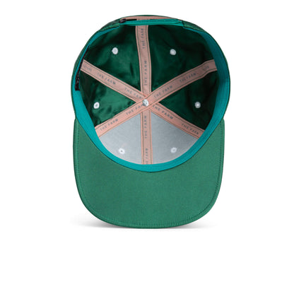 A green Goorin Bros. Yolo baseball cap, seen from above to highlight its inner lining, stitching, and labels—a perfect Phuket hat for adventure seekers chasing island vibes.