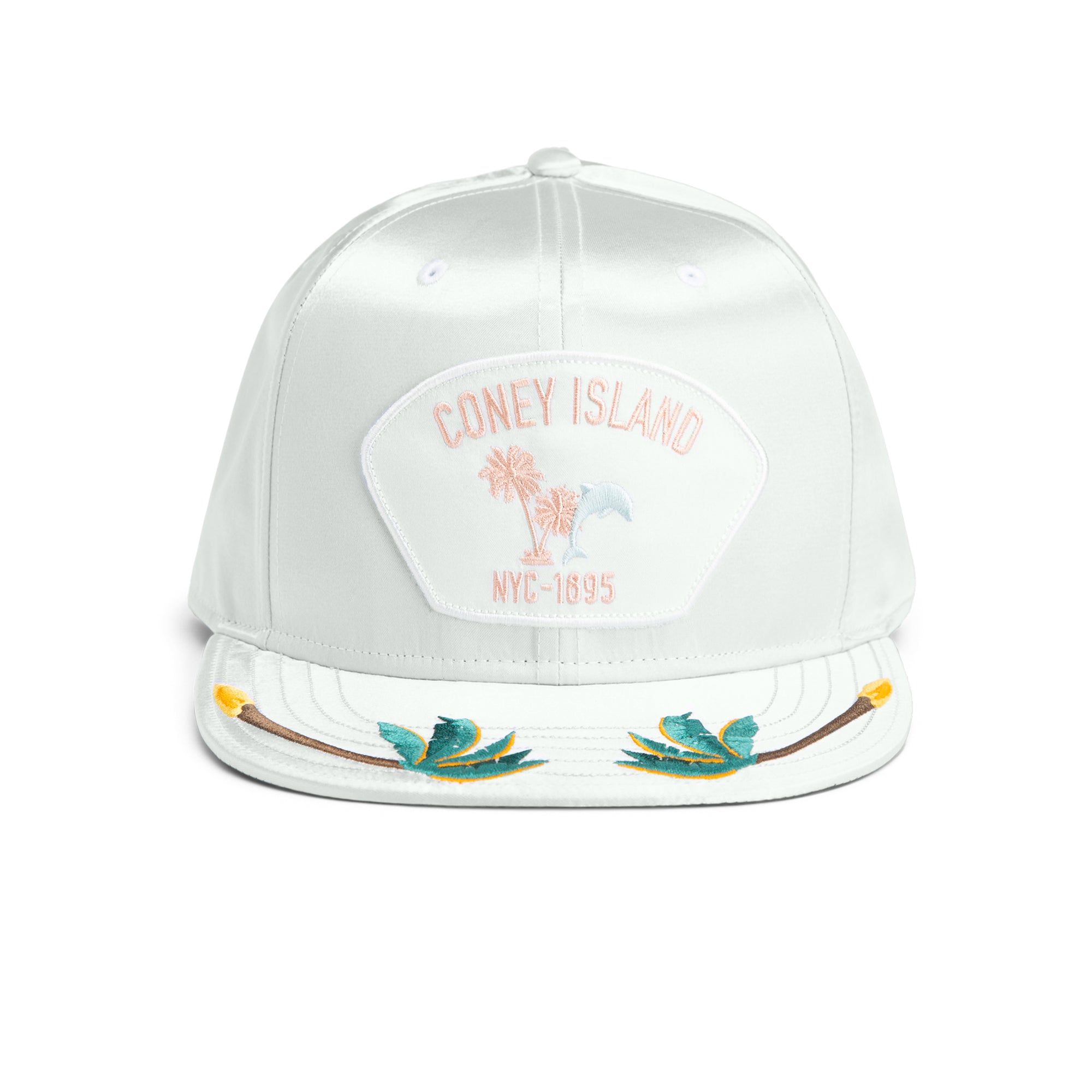 The Goorin Bros. Island Getaway snapback in Sky features a Coney Island NYC-1895 and palm tree patch, inspired by the boardwalk, plus tropical leaf embroidery on the brim.