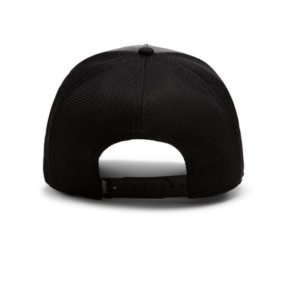 The Farm Shell Smoke black mesh trucker hat shown from the back, features an adjustable snapback closure. All sales final.