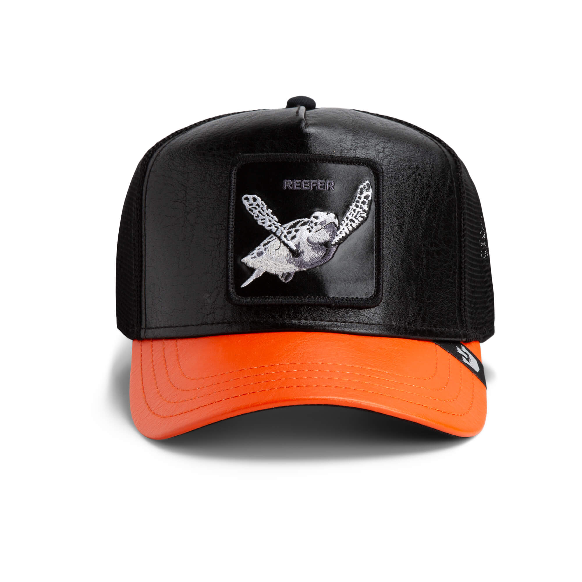 The Farm's Shell Smoke is a black and orange trucker hat with a patch featuring a black and white bird and "REAPER" on the front. All sales are final.