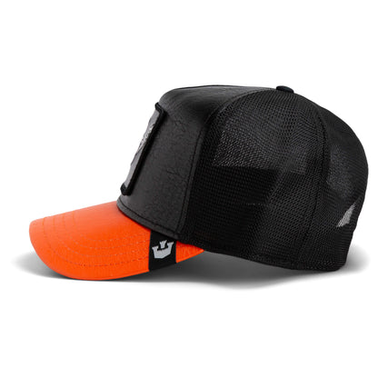 The Farm Shell Smoke: a black mesh trucker hat with an orange brim, shown from the side. All Sales Are Final.