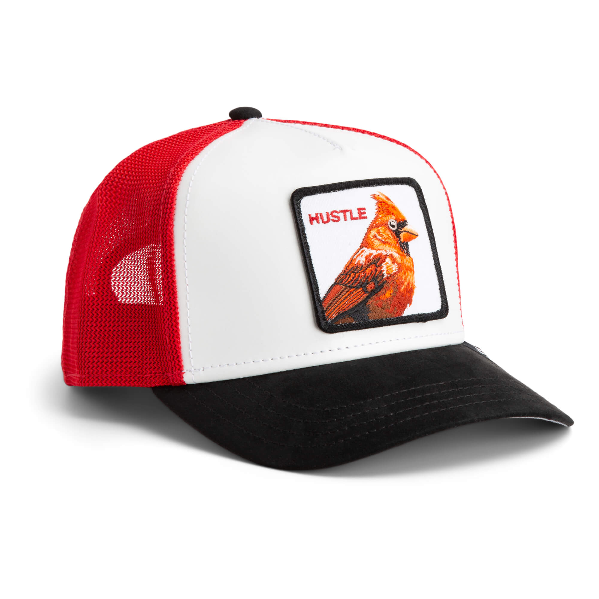A red, white, and black trucker hat from The Farm, called "TF is Bustle?", featuring a cardinal patch and bold HUSTLE text. All Sales Are Final.