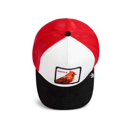 The Farm TF is Bustle? trucker hat features a red, white, and black design with mesh back and a front patch of a cardinal and “HUSTLE.” All Sales Are Final.