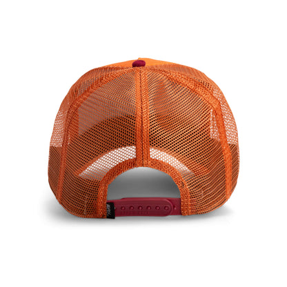 Back view of The Farm's Greatest Grazer orange mesh trucker hat featuring an adjustable snapback closure. All sales are final.