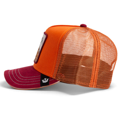 Side view of The Farm’s Greatest Grazer trucker hat with orange mesh back and crown, maroon front panel and brim with white stitching, plus a small black tag featuring a crown logo. All sales are final.