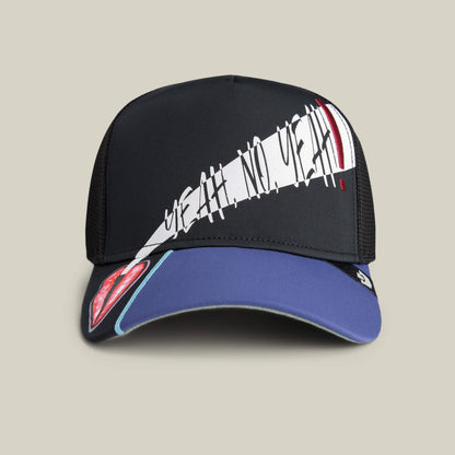 The "Means Yes" hat by Goorin Bros. is a black and blue statement accessory featuring "YEAH, NO YEAH" in white on the front and bold red and blue patches on the brim—a standout piece for any wardrobe.