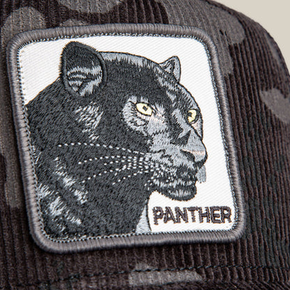 The Panther Camo patch by Goorin Bros. features an embroidered black panther and "PANTHER" on dark charcoal corduroy—ideal for giving your mesh cap or jacket a stealth camo upgrade.