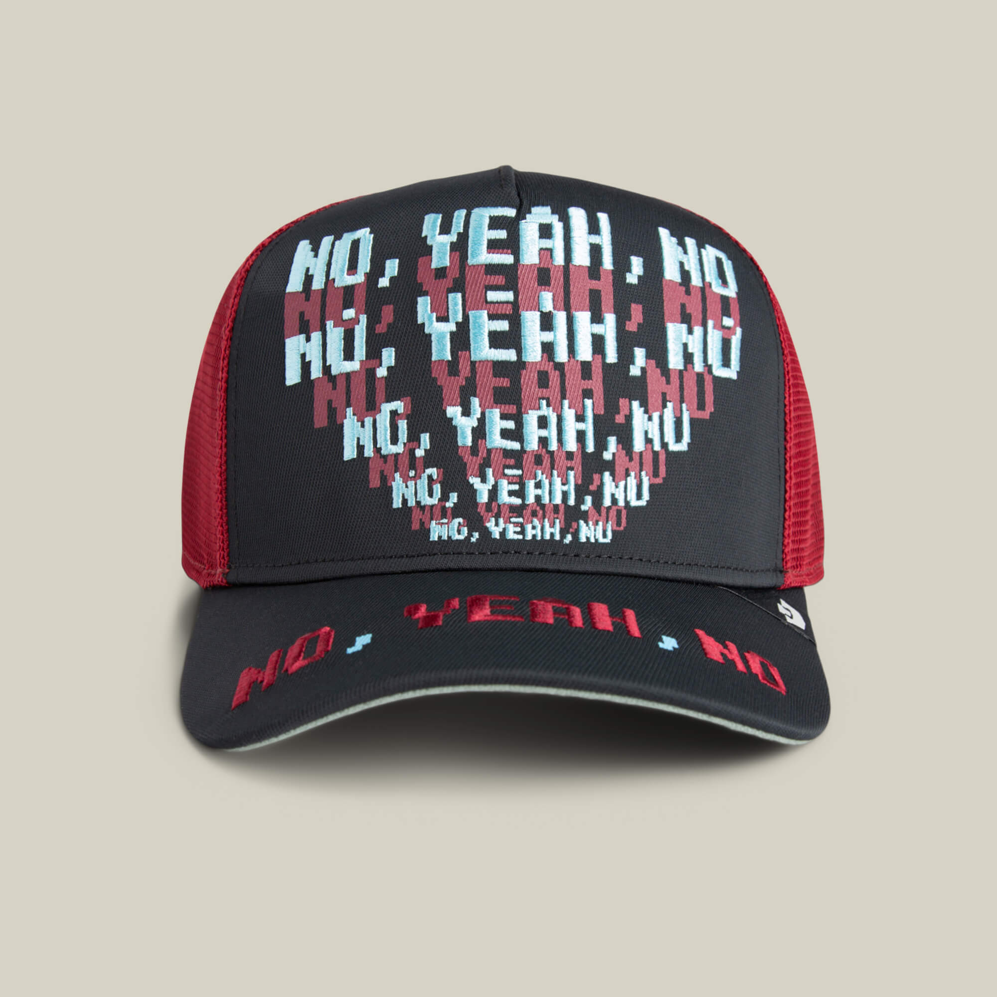 The Goorin Bros. "Means No" hat features black and red colors with repeating pixelated text "NO, YEAH, NO" in white and red on the front and brim—a unique conversation starter for any outfit.