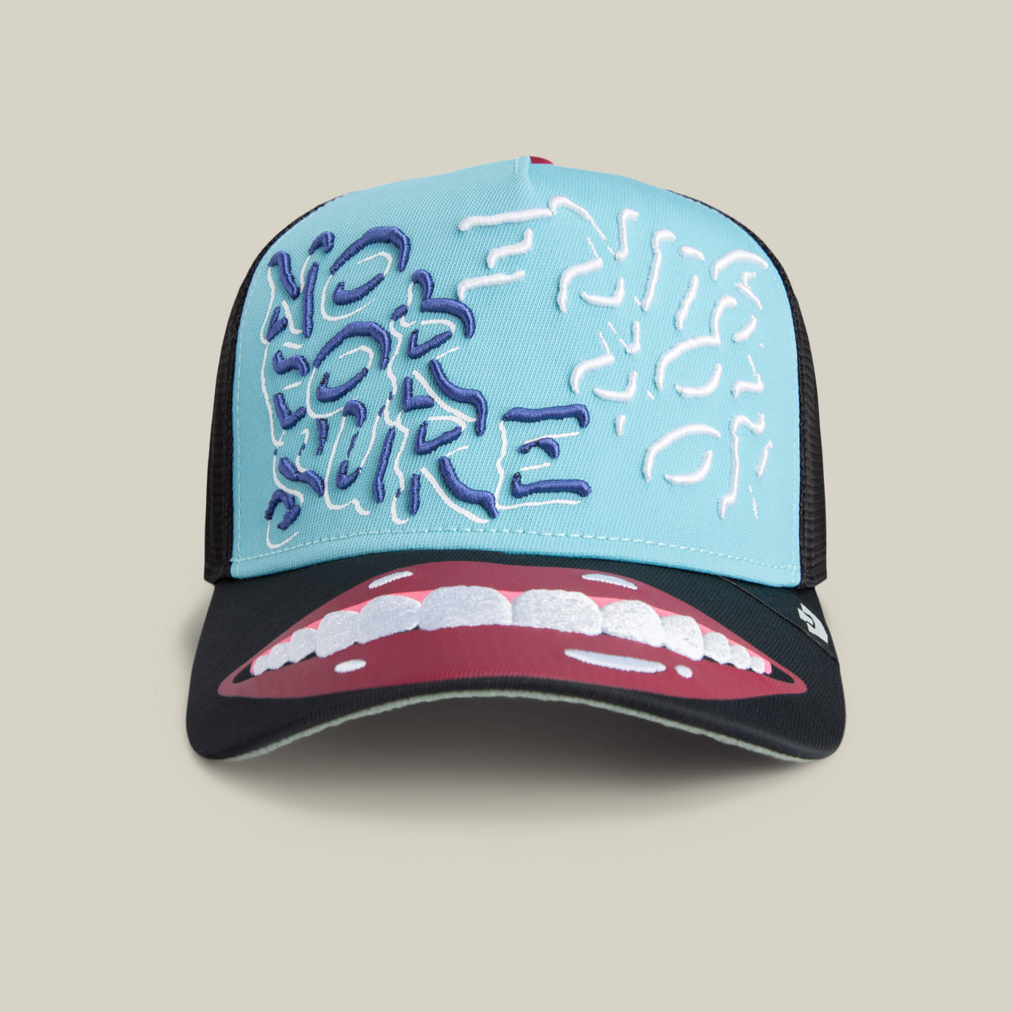 The Means Understood trucker hat by Goorin features bold blue "NO FOR SURE" lettering and an eye-catching open mouth graphic on the brim, all in blue and black for a confident, standout look.
