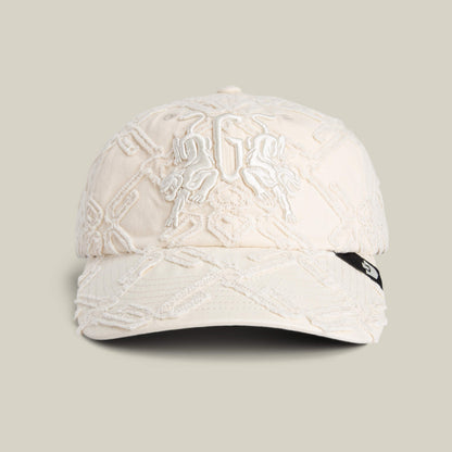 The "Future Baby Daddy" Papa Cap by Goorin Bros. features beige all-over embroidery, a white raised logo on the front, and a small black side tag—crafted for main character energy.