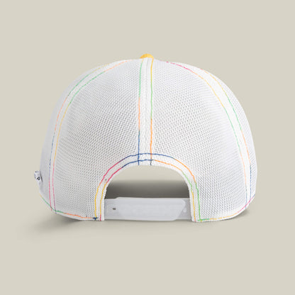A white mesh baseball cap by Goorin Bros., called Drum and Bass, viewed from the back with multicolored stitching and an adjustable snap closure—a stylish festival hat for bass music fans.