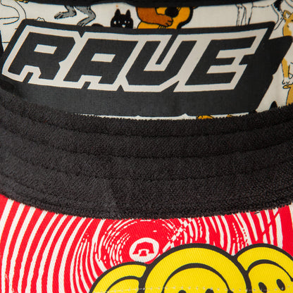 Close-up of the Drum and Bass hat by Goorin Bros., featuring cartoon animal art, red and white swirls, yellow smiley faces—perfect for any bass music festival.