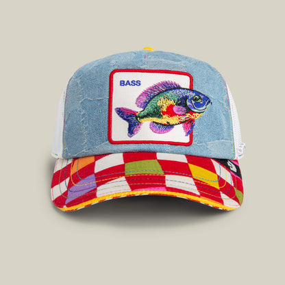 The Goorin Bros. Drum and Bass festival hat features a denim front, white mesh back, colorful checkered brim, and a patch with an embroidered fish labeled BASS.