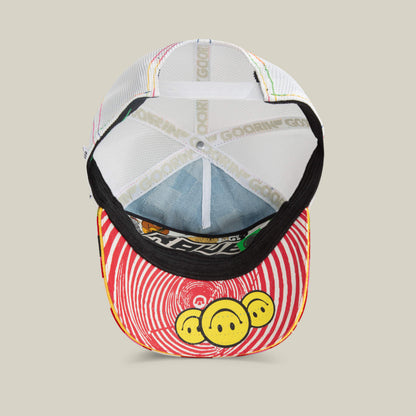 The Goorin Bros. Drum and Bass festival hat features a red and white spiral design with three yellow smiley faces on the brim, plus visible mesh and tag details underneath.