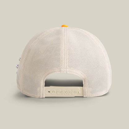 The Goorin Bros. Acid House cap is a beige mesh baseball hat with an adjustable snapback and an orange accent on top—ideal for your next party or relaxing at a laser dome.