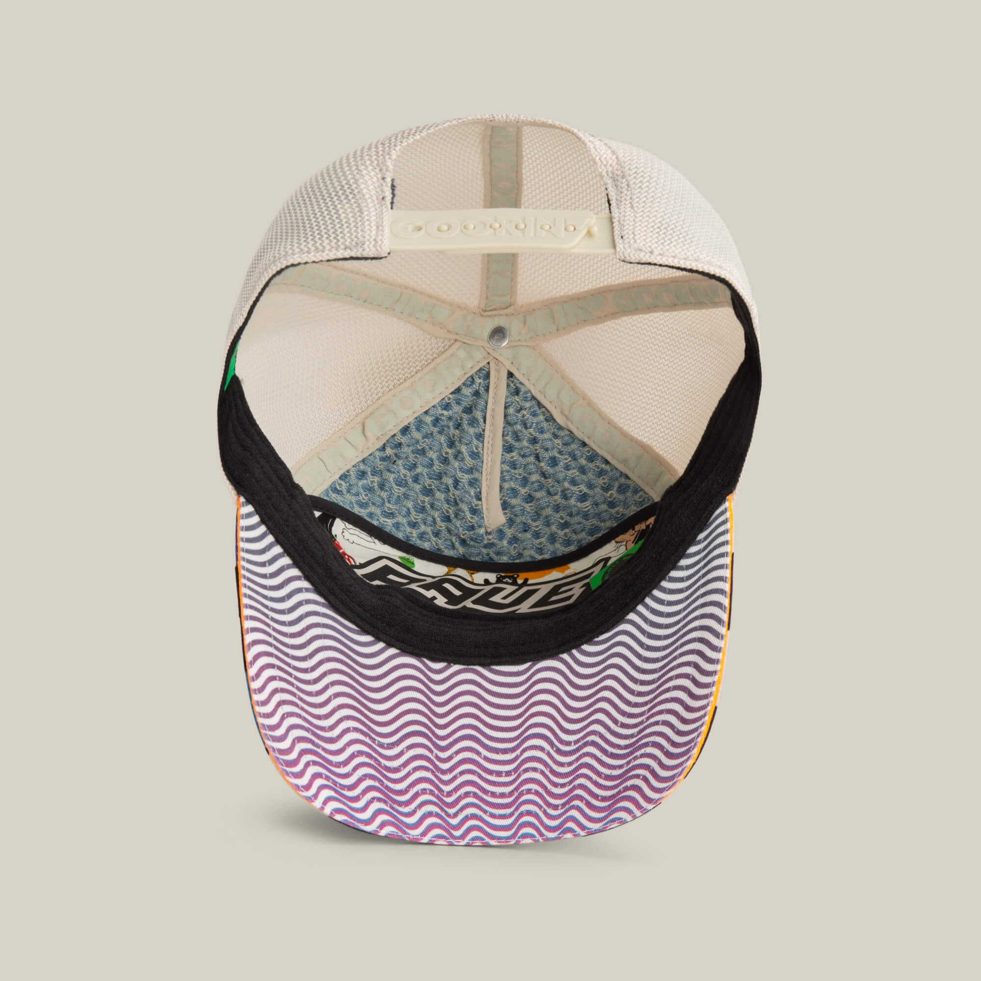 The Acid House cap by Goorin Bros. features a mesh interior, a brim with purple wavy lines, and vibrant acid house-inspired designs—perfect for laser dome nights or whenever you want to get down.