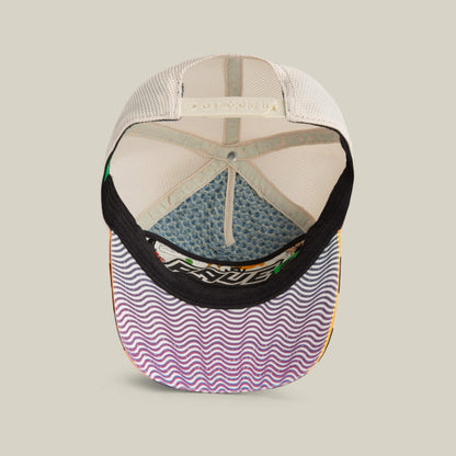 The Acid House cap by Goorin Bros. features a mesh interior, a brim with purple wavy lines, and vibrant acid house-inspired designs—perfect for laser dome nights or whenever you want to get down.